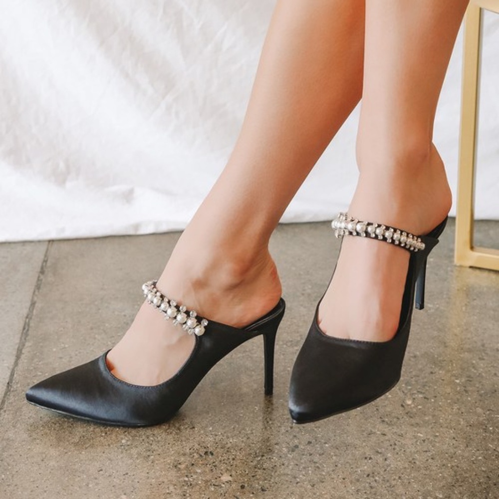 Lulu's Black Pearl-Embellished Mules